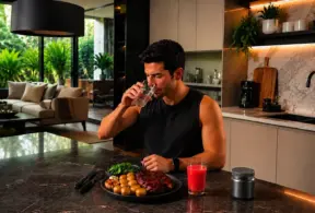 Um homem está sentado no balcão da cozinha, bebendo um copo de água, com um prato de comida rica em vitamina B12 à base de carne, um copo de suco e um pote à sua frente. A cozinha moderna tem bancadas de mármore e oferece uma vista para a sala de estar e para o jardim.