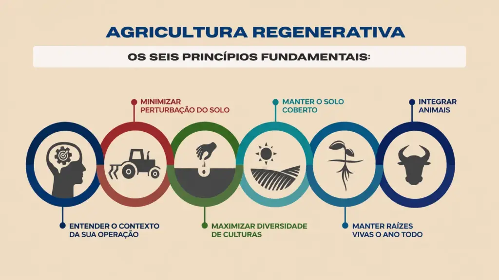 Infográfico sobre agricultura regenerativa com os seis princípios fundamentais