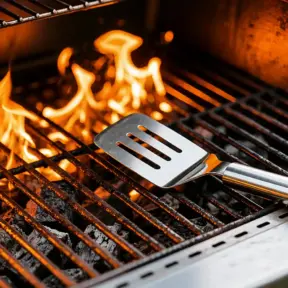 churrasco: grelha de churrasqueira acesa com chamas laranjas e uma espátula sobre as barras do grill, preparando carne para assar