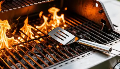 churrasco: grelha de churrasqueira acesa com chamas laranjas e uma espátula sobre as barras do grill, preparando carne para assar