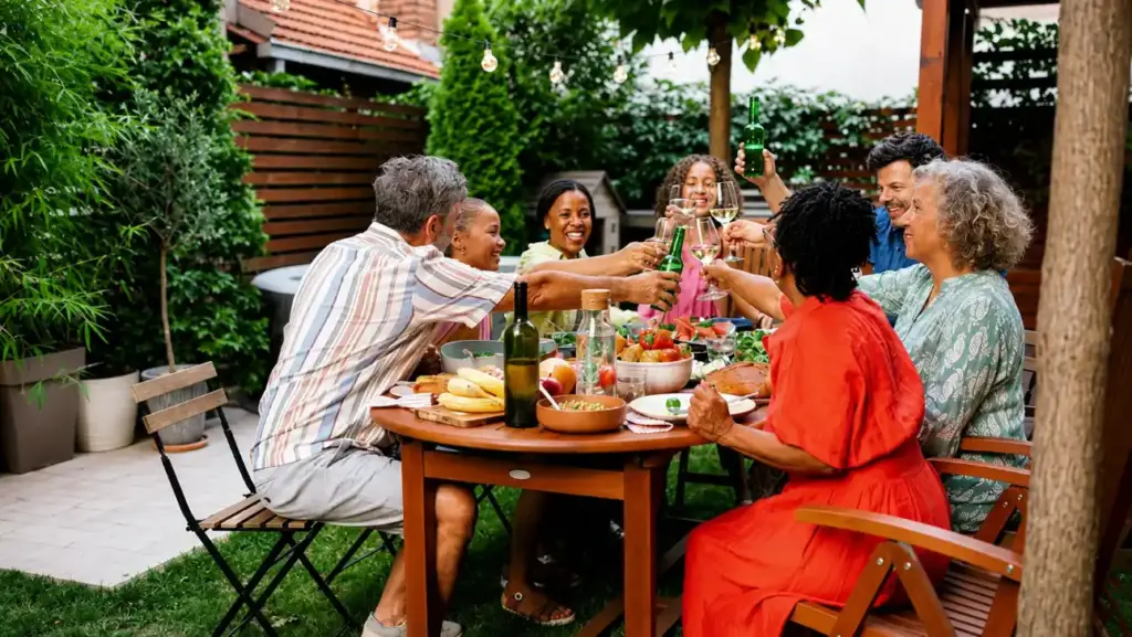 Churrasco em família em um quintal com grupo de pessoas brindando e compartilhando comida ao redor da mesa, com churrasqueira e bebidas.