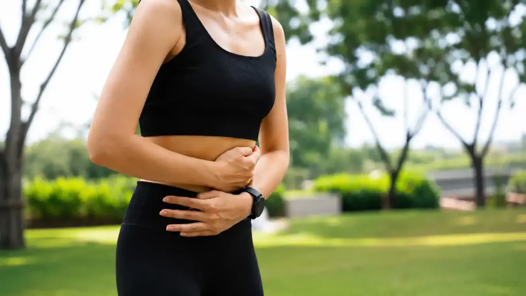 Uma mulher vestida com roupa esportiva preta está do lado de fora, segurando a barriga com uma mão, parecendo sentir dor ou desconforto — talvez sem saber bem o que comer antes e depois de correr. 