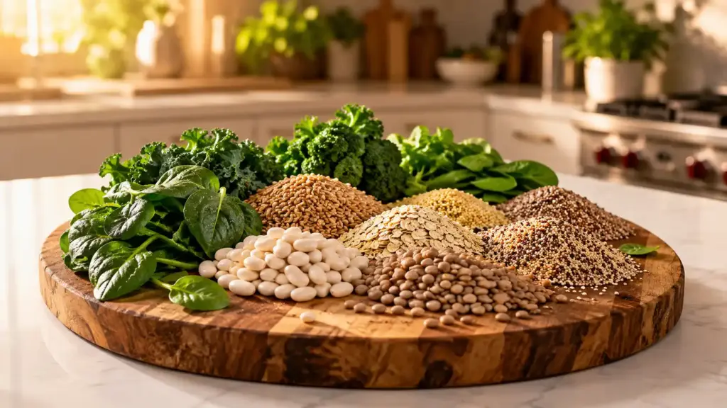 Ferro heme em alimentos: feijão, grãos e folhas verdes em uma tábua de madeira na cozinha, com foco em ingredientes ricos em ferro para uma alimentação saudável.