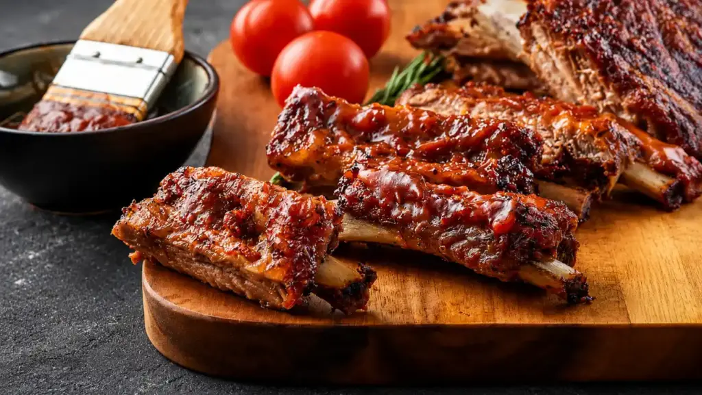 churrasco com brisket assado em pedaços sobre tábua de madeira, molho e tomates ao lado, em estilo de culinária dos Estados Unidos
