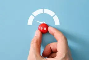 Mão segurando uma bolinha vermelha com o símbolo Fe e indicador de velocidade em forma de semicírculo, representando ferro heme e o controle de níveis de ferro no organismo.