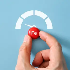 Mão segurando uma bolinha vermelha com o símbolo Fe e indicador de velocidade em forma de semicírculo, representando ferro heme e o controle de níveis de ferro no organismo.