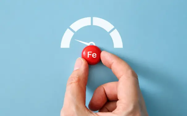 Mão segurando uma bolinha vermelha com o símbolo Fe e indicador de velocidade em forma de semicírculo, representando ferro heme e o controle de níveis de ferro no organismo.