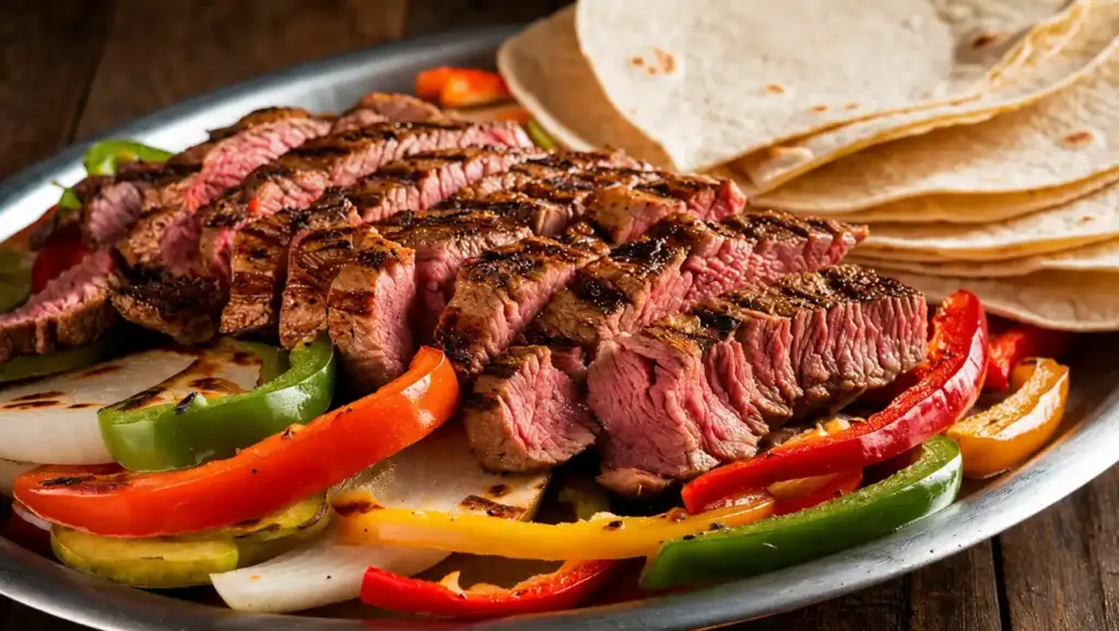 Churrasco mexicano com carne asada na grelha, fatias de carne suculenta e pimentões coloridos servidos em prato com tortillas, comida de churrasco