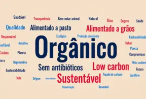 Imagem com fundo claro e o texto “Orgânico” em destaque e outras palavras referente a rótulos de carnes