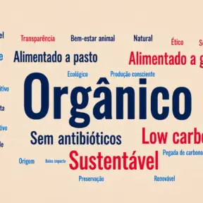 Imagem com fundo claro e o texto “Orgânico” em destaque e outras palavras referente a rótulos de carnes