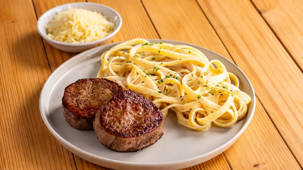 Prato com macarrão ao alho e ervas e dois bifes grelhados, acompanhado de queijo ralado em tigela pequena sobre mesa de madeira, imagem que remete à alimentação para pré-treino e abastecimento do organismo no futebol.