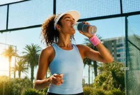 Mulher atleta em quadra esportiva tomando água em garrafa após o treino, com foco em recuperação muscular pós-treino e hidratação