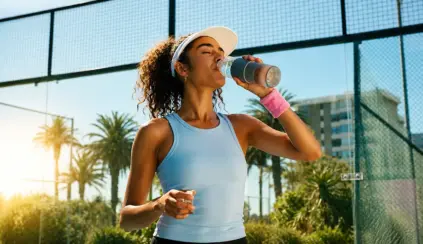 Mulher atleta em quadra esportiva tomando água em garrafa após o treino, com foco em recuperação muscular pós-treino e hidratação