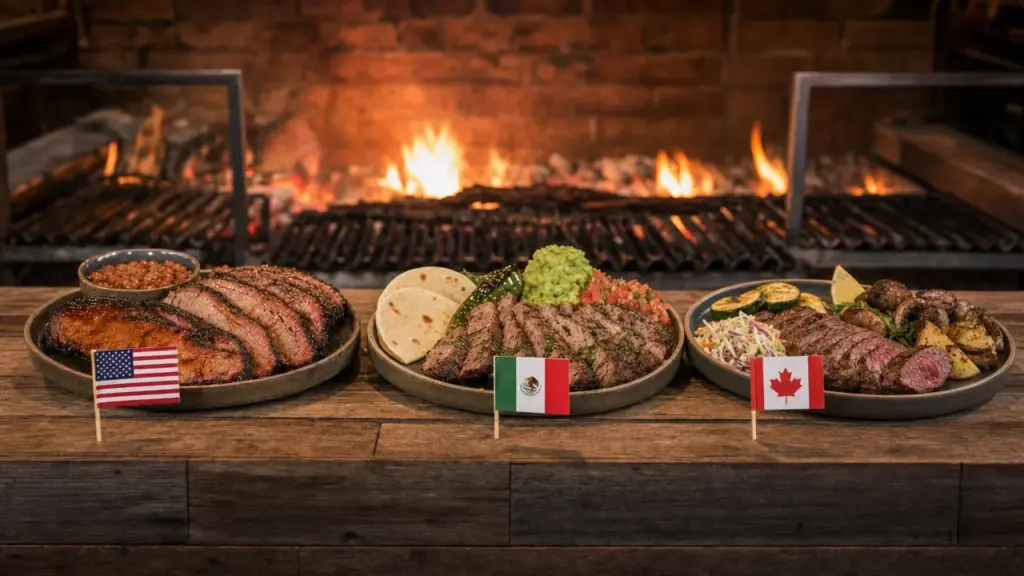 churrasco: bandejas com cortes de carne e acompanhamentos servidos em um churrasqueiro com fogo e chamas ao fundo, em celebração de três culturas