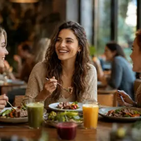 Três pessoas sorrindo e conversando durante um almoço em restaurante, com pratos e sucos na mesa, em clima de socialização e consumo consciente, simbolizando indulgência limpa e novo hábito de consumo na Europa.