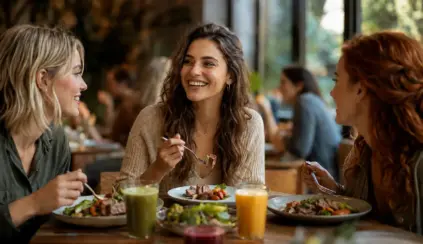 Três pessoas sorrindo e conversando durante um almoço em restaurante, com pratos e sucos na mesa, em clima de socialização e consumo consciente, simbolizando indulgência limpa e novo hábito de consumo na Europa.