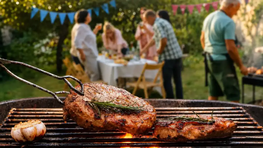 Churrasco no jardim com carnes e ervas na grelha, enquanto pessoas ao fundo servem comida em uma mesa ao ar livre no evento