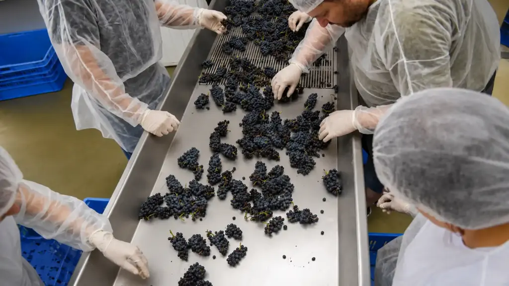 Foto mostra mãos com luvas e equipe em linha de produção colocando uvas em bandejas grandes, com caixas plásticas ao fundo.