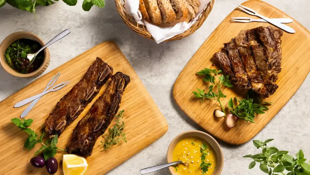 nomes diferentes de carne: Assado de tiras em tábuas de madeira, com porções de carne grelhada, ervas frescas e fatias de limão, além de molho em tigela ao lado