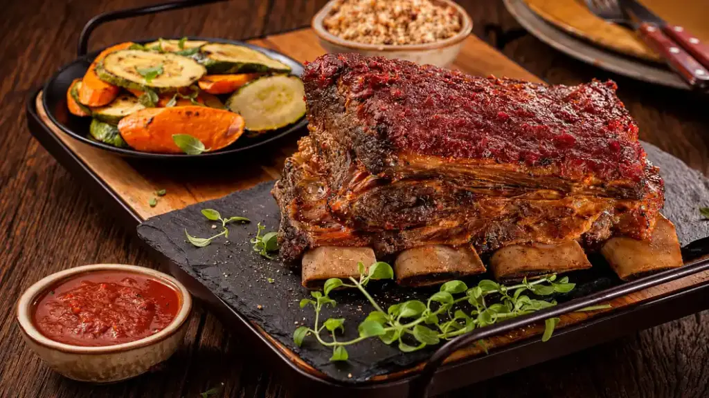 cortes de carne bovina em preparo de calor indireto: assado em forno/defumação, com porções na pedra de ardósia e legumes assados ao lado.