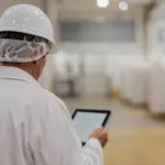 Trabalhador de indústria de alimentos com capacete e máscara em frigorífico, usando tablet para acompanhar processos na linha de produção; foco em monitoramento socioambiental
