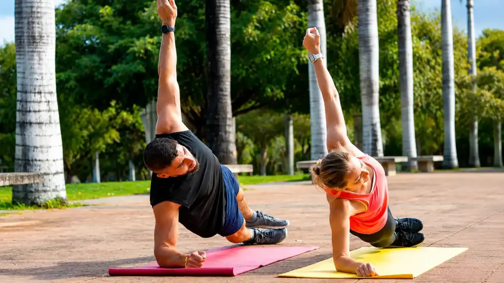 creatina e corrida: dose ergogênica de creatina em treino ao ar livre, com dois atletas fazendo prancha em colchonetes no parque