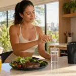 Mulher em casa prepara suplementação com creatina e corrida, servindo água e com prato de carne e salada na mesa da cozinha