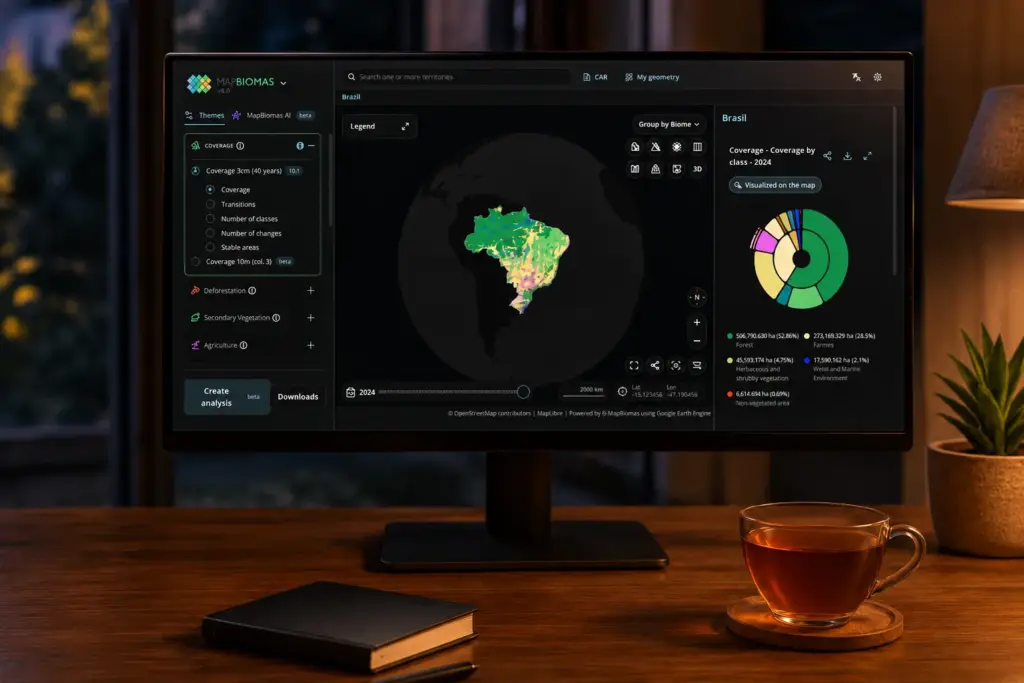 Monitor com o MapBiomas mostrando mapa integrado dos biomas brasileiros, com gráficos de legenda e visualização por região, apoiando monitoramento ambiental e rastreabilidade.
