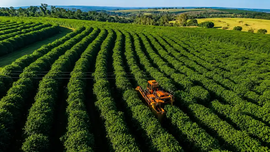 Segurança alimentar em uma plantação de alimentos vista de cima, com fileiras de cultivo verde e maquinário agrícola colhendo ao centro da lavoura