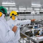 SIF: Profissionais em linha de produção com capacetes e roupas de proteção em uma indústria de alimentos, realizando inspeção e verificações em bancada com alimentos. Ambiente industrial amplo e organizado.