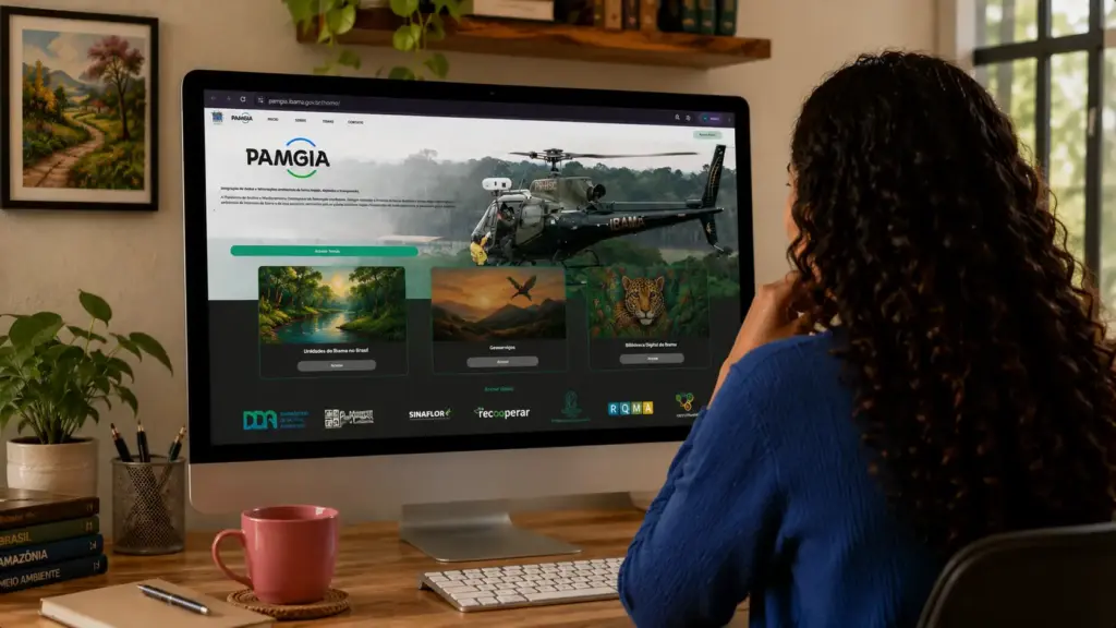 monitoramento ambiental e rastreabilidade: Tela de computador com o sistema DETER, o radar do desmatamento, mostrando o site PAMGIA e mapas ambientais;