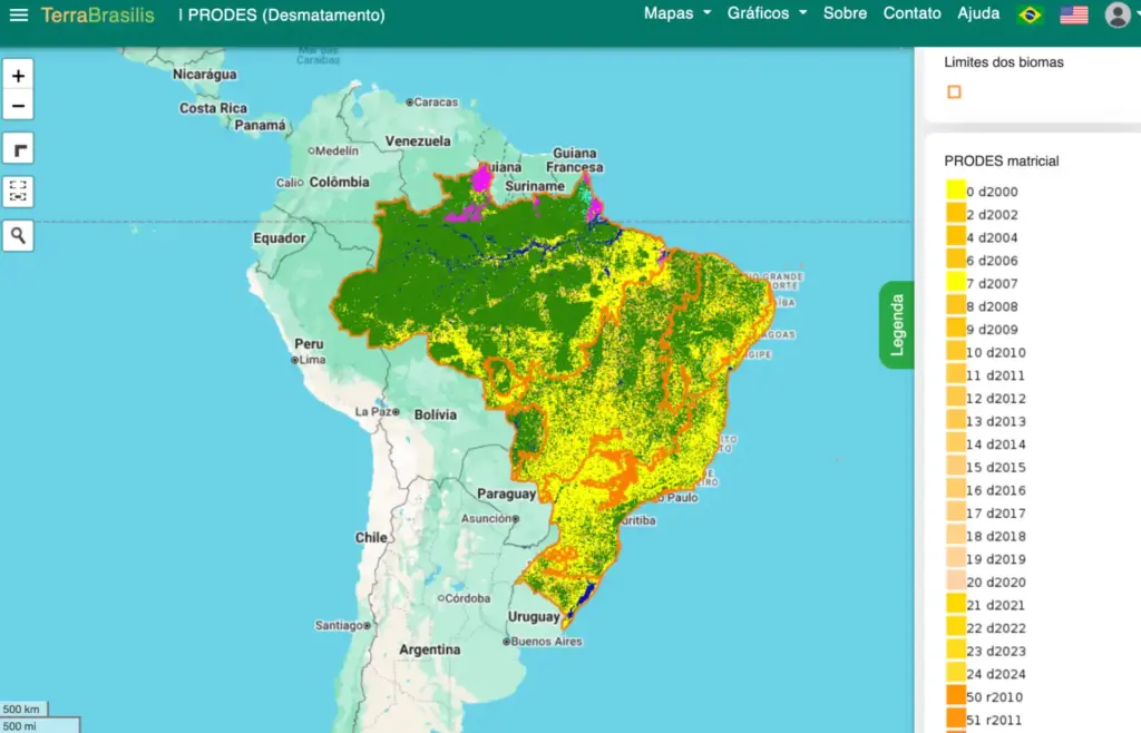 Mapa da América do Sul mostrando os níveis de desmatamento no Brasil com uma escala de cores que vai do verde (baixo) ao vermelho (alto); a maior parte do desmatamento ocorre na região amazônica. Os países vizinhos estão identificados, destacando a importância do monitoramento ambiental e da rastreabilidade para a compreensão e o gerenciamento da perda florestal.
