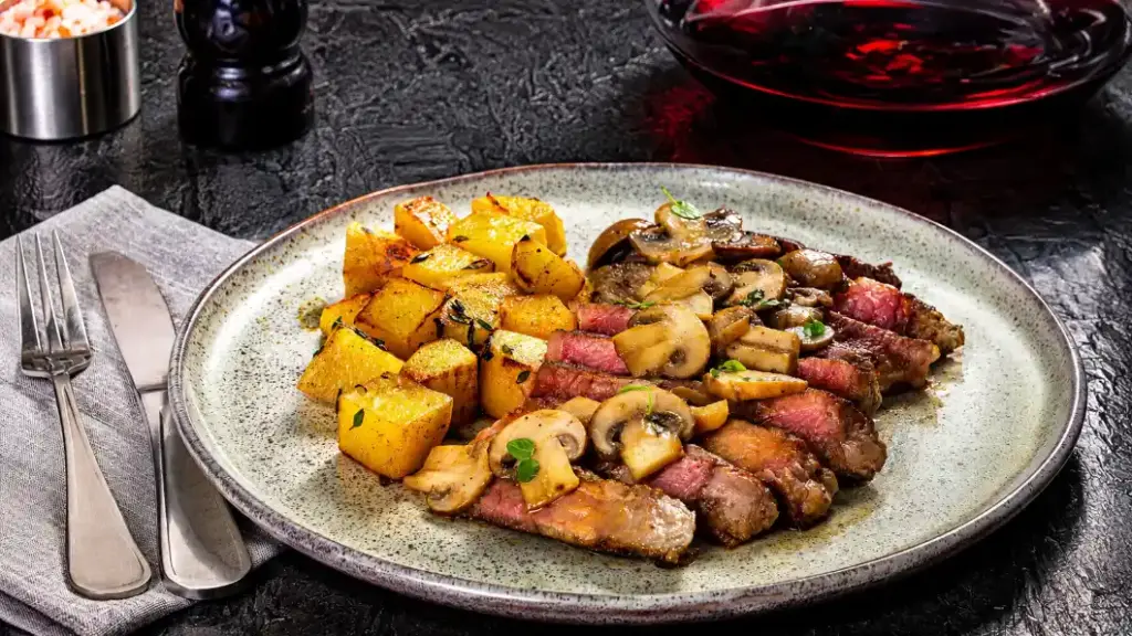 Prato com carne, cogumelos e cubos de legumes ao lado de ingredientes em uma mesa, ilustrando a diferença entre creatina dos alimentos e creatina do suplemento para quem pratica creatina e corrida