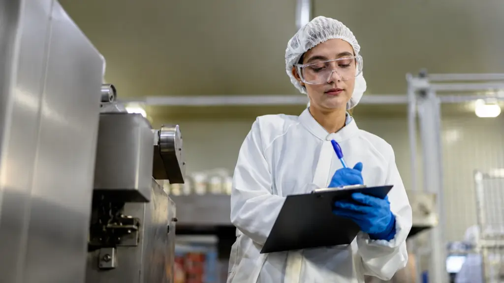 Profissional de laboratório em ambiente de produção de alimentos, com touca e luvas, registrando dados em prancheta durante inspeção ligada à segurança alimentar.