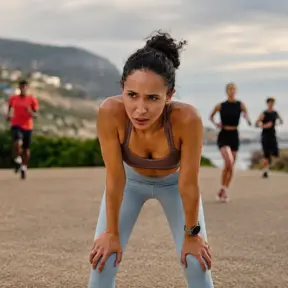 Mulher correndo em uma estrada costeira com outras pessoas ao fundo, praticando atividade física ao ar livre ao pôr do sol em clima esportivo