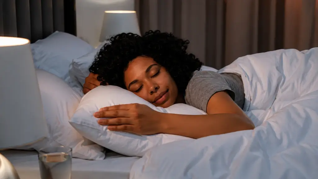 Mulher deitada em uma cama, com olhos fechados e expressão relaxada, abraçando o travesseiro em ambiente com luz amena. Foco em descanso e recuperação pós-treino.