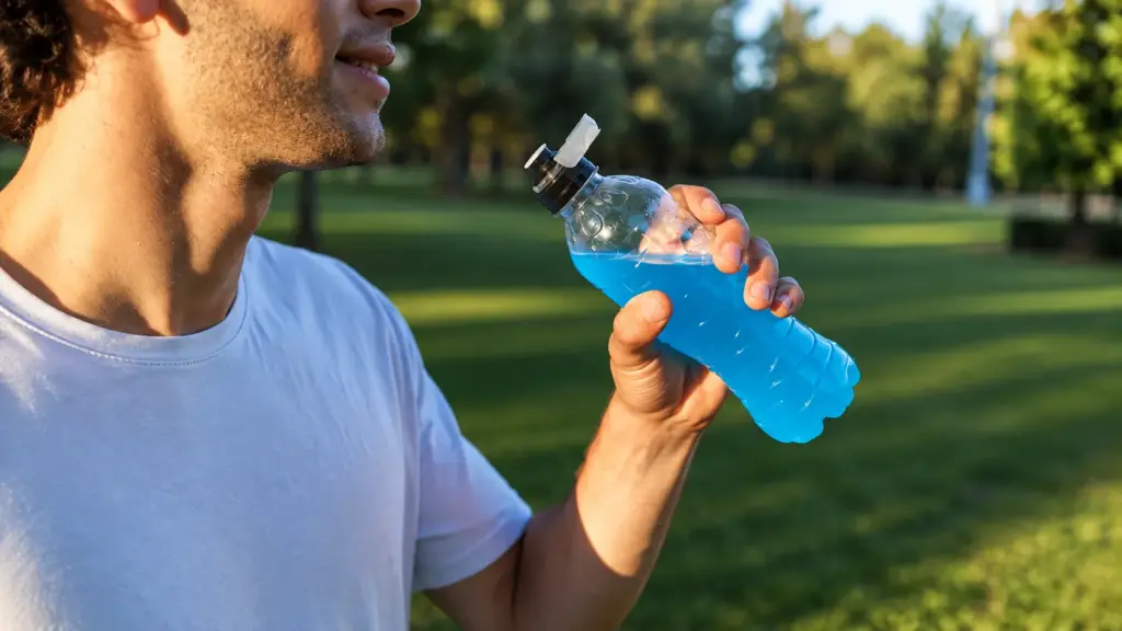 Gel isotônico e barrinha: Homem ao ar livre em um parque, bebendo isotônico em garrafa plástica após o treino, com luz do sol e área verde ao fundo.