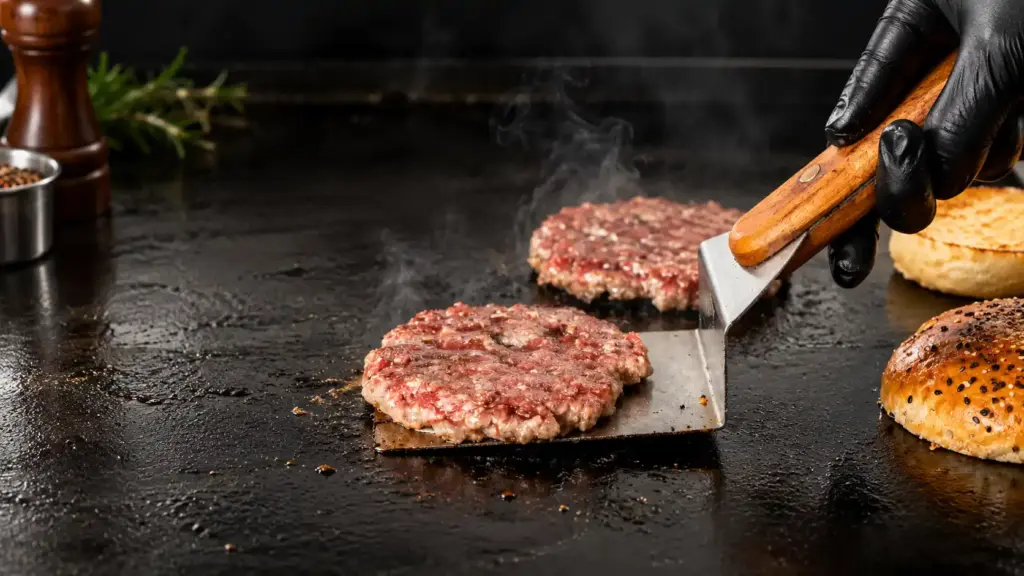 hambúrguer caseiro sendo preparado na chapa, com mãos usando luvas e espátula cortando a carne, ao lado de pães e grãos de tempero na bancada escura