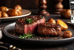 Um prato com dois pedaços de bife malpassado, decorado com alecrim e pimenta moída grossa, servido com batatas assadas. Embora a ideia de que “a carne vermelha inflama o corpo” seja uma preocupação para alguns, este prato é apresentado de forma atraente, acompanhado por um copo d’água, um moedor de pimenta e mais batatas ao fundo.