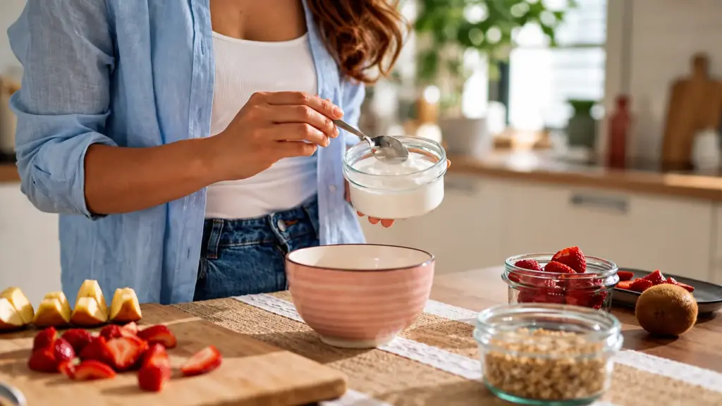 Uma mulher prepara o café da manhã, colocando iogurte em uma tigela com uma colher. Frutas fatiadas, granola e mais iogurte estão sobre a mesa, com a luz do sol entrando na cozinha bem iluminada — um começo de dia saudável, que evita alimentos como a carne vermelha, que inflama o corpo.