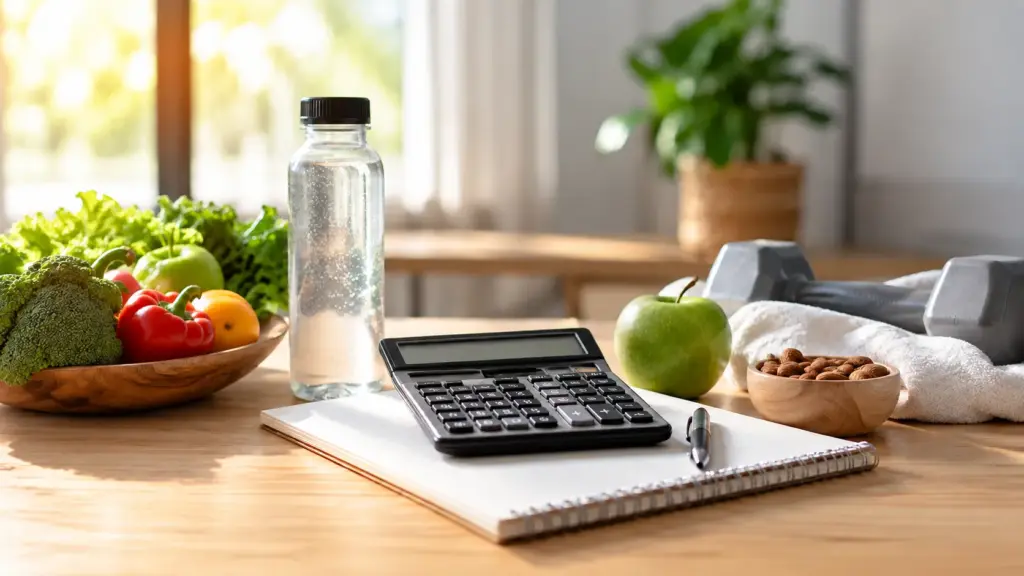 Gel isotônico e barrinha: Mesa com garrafa de água, alimentos e calculadora, em um cenário doméstico de preparação de rotina, com foco em bem-estar e nutrição.