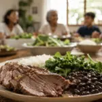 Close-up de um prato com fatias de carne bovina, feijão preto, arroz e verduras — deliciosos alimentos ricos em ferro — sobre uma mesa. Ao fundo, quatro pessoas estão sentadas juntas, compartilhando uma refeição, sorrindo e conversando.