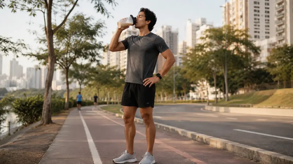 Um homem vestido com roupa esportiva está em uma pista de corrida na cidade, bebendo de uma garrafa de proteína para corredores, com árvores e prédios altos ao fundo.