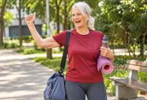 Mulher idosa sorridente em parque, fazendo alongamento com tapete de yoga e segurando uma garrafa com água, em uma proposta de alimentação para envelhecimento saudável