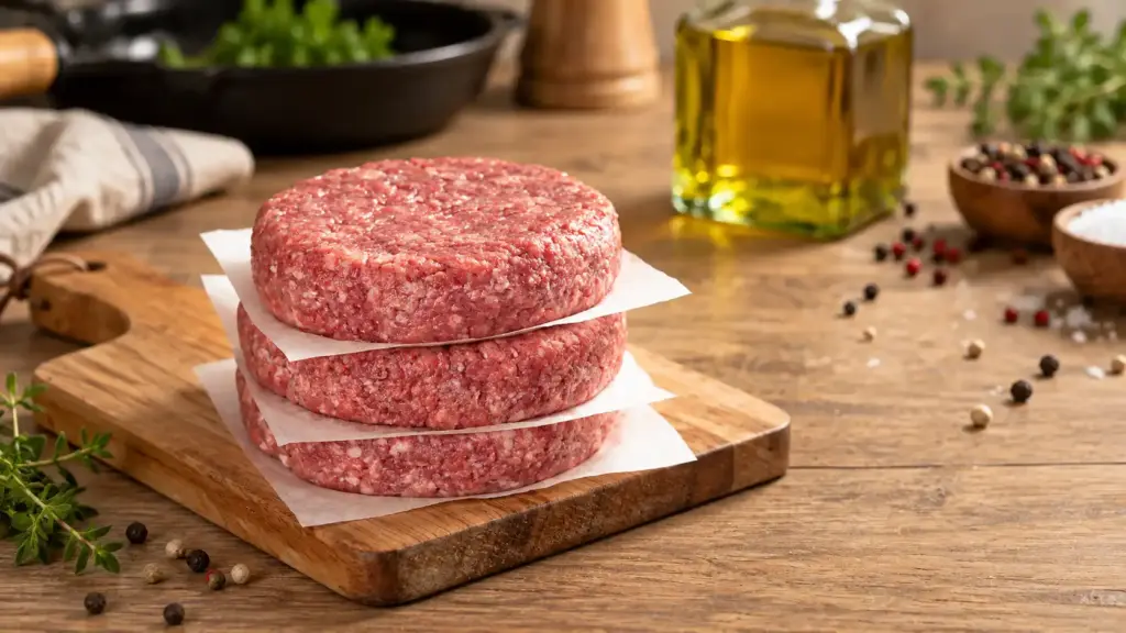 hambúrguer caseiro com dois pedaços de carne crua em papel manteiga sobre tábua de madeira, ao lado de ervas, pimenta-do-reino e óleo em mesa rústica