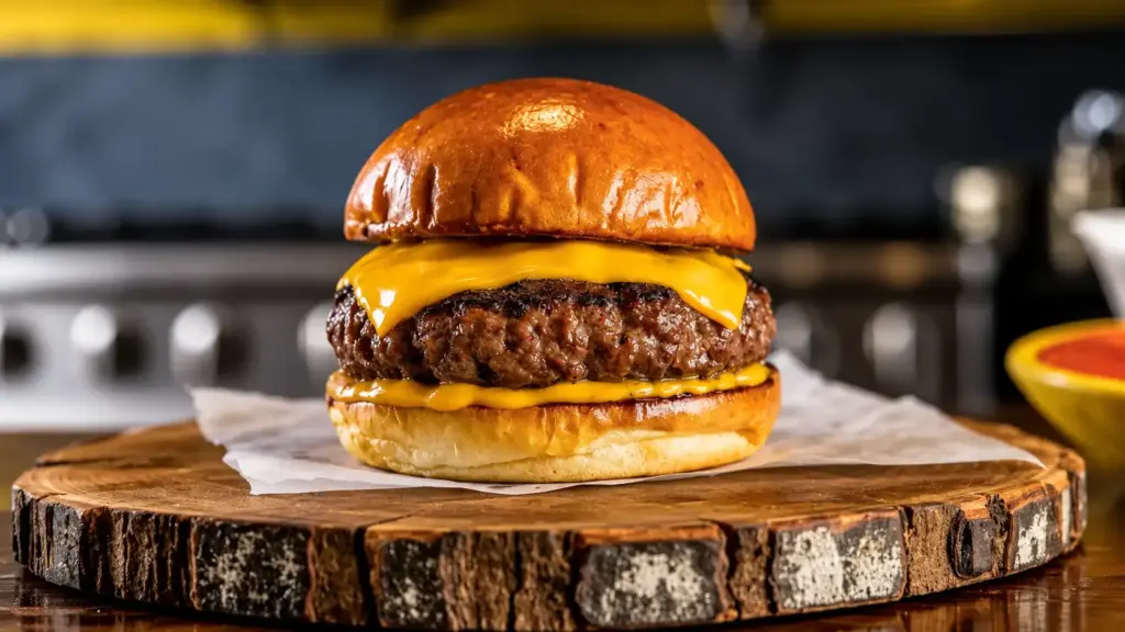 hambúrguer caseiro com carne grelhada, queijo derretido e pão macio, servido em tábua de madeira, com fundo desfocado de preparo na cozinha
