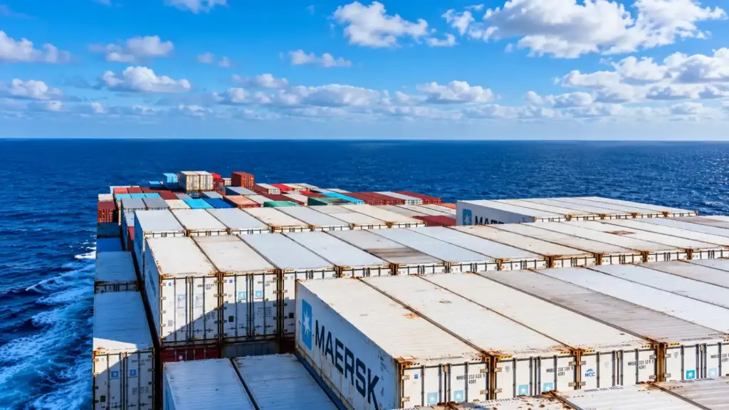 Cargueiro marítimo com containers refrigerados sobre o oceano azul, mostrando a estrutura do navio e o horizonte sob céu com nuvens, em contexto de Ciência da carne