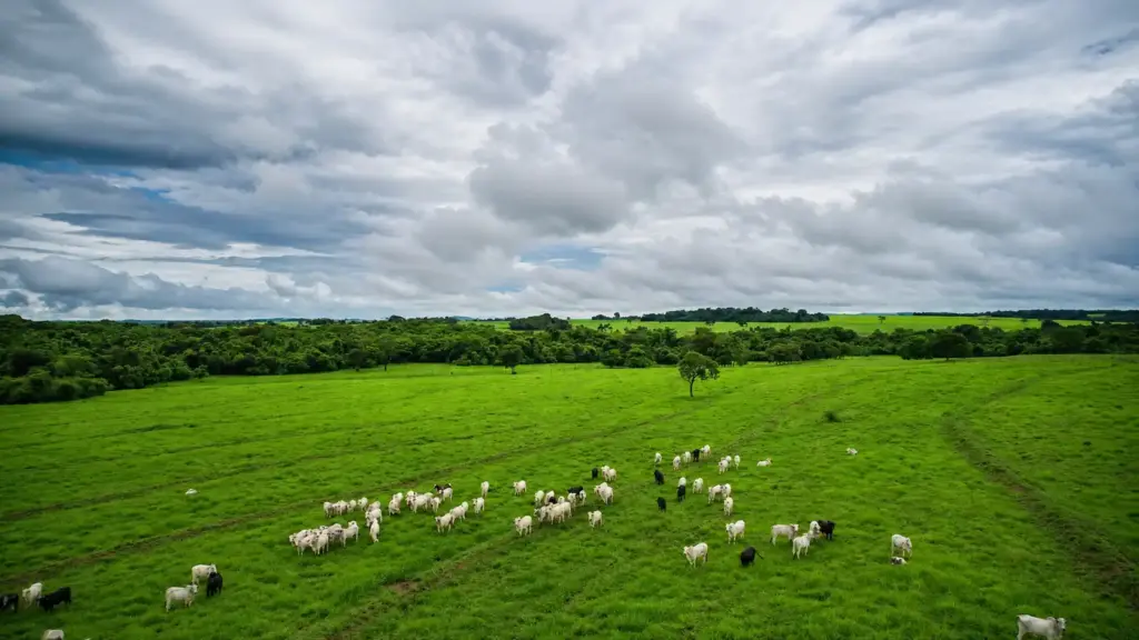Campo verde com rebanho de ovelhas ao ar livre sob céu nublado, ilustrando os três requisitos centrais da EUDR.