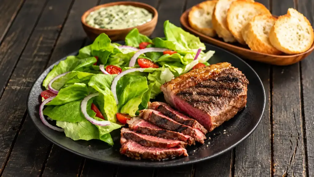 Um prato com fatias de bife grelhado —salada fresca com alface, tomate-cereja, cebola roxa, uma tigela de molho cremoso e fatias de pão torrado como acompanhamento, tudo servido sobre uma mesa de madeira escura.