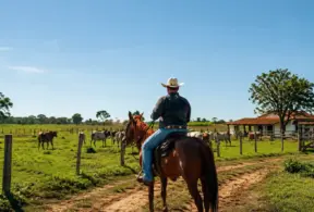 Campo rural com um vaqueiro a cavalo em uma estrada de terra, cercado por pastagens verdes, cercas de madeira e rebanho de gado